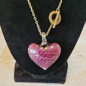 Vintage Venetian Murano Hand-blown Purple Glass Art Heart Necklace